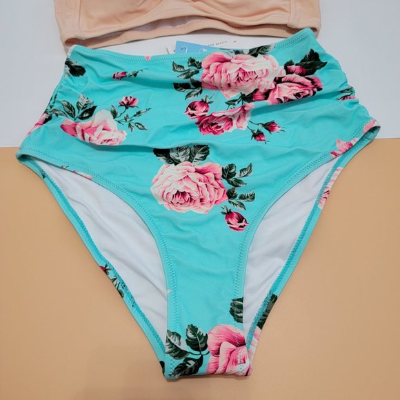 CUPSHE Women's Floral Halter High Waisted Peach and Tiffany Blue Bikini size S - Picture 4 of 12